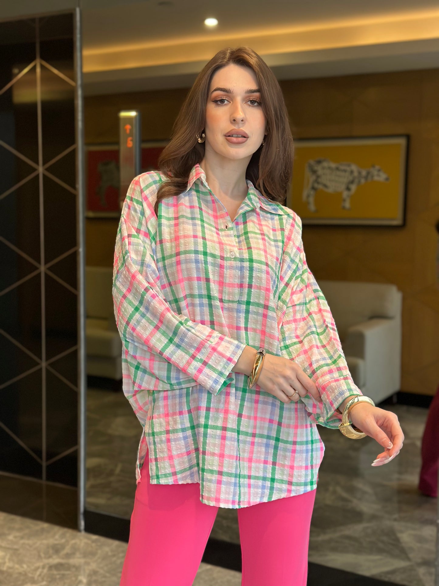 Neon Plaid Oversized Half Button Shirt