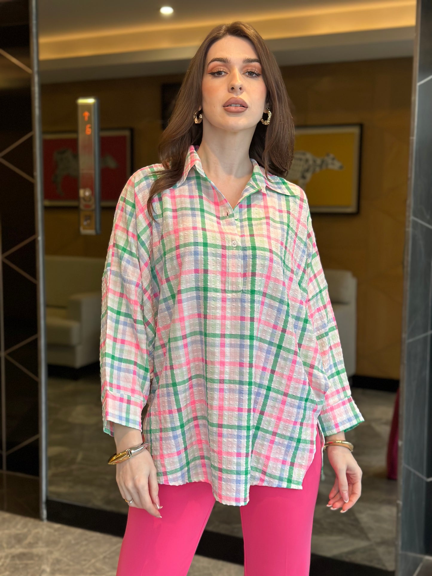 Neon Plaid Oversized Half Button Shirt