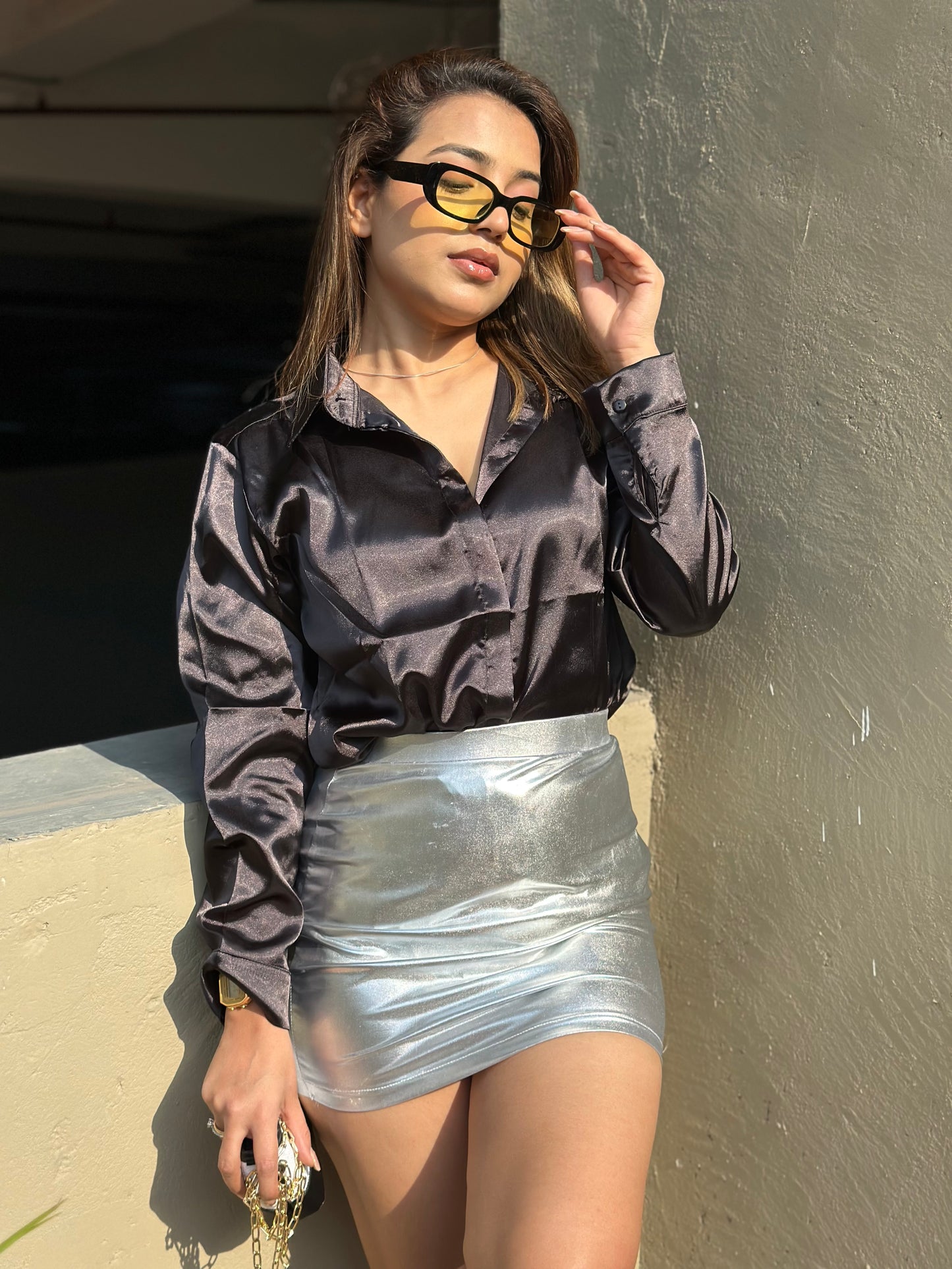 Satin Shirt With Silver Metallic Skirt