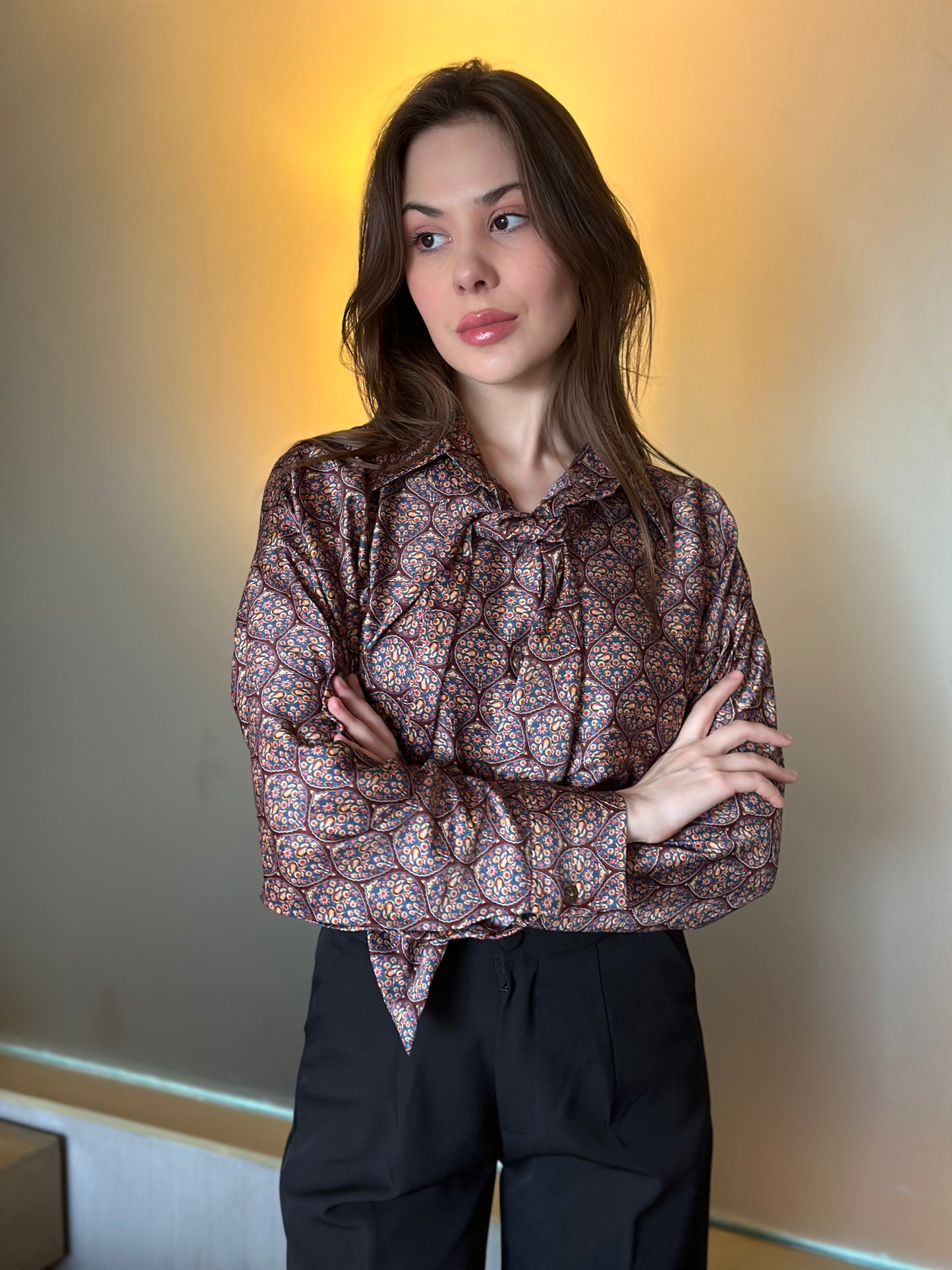 Uptown Satin Shirt With Scarf