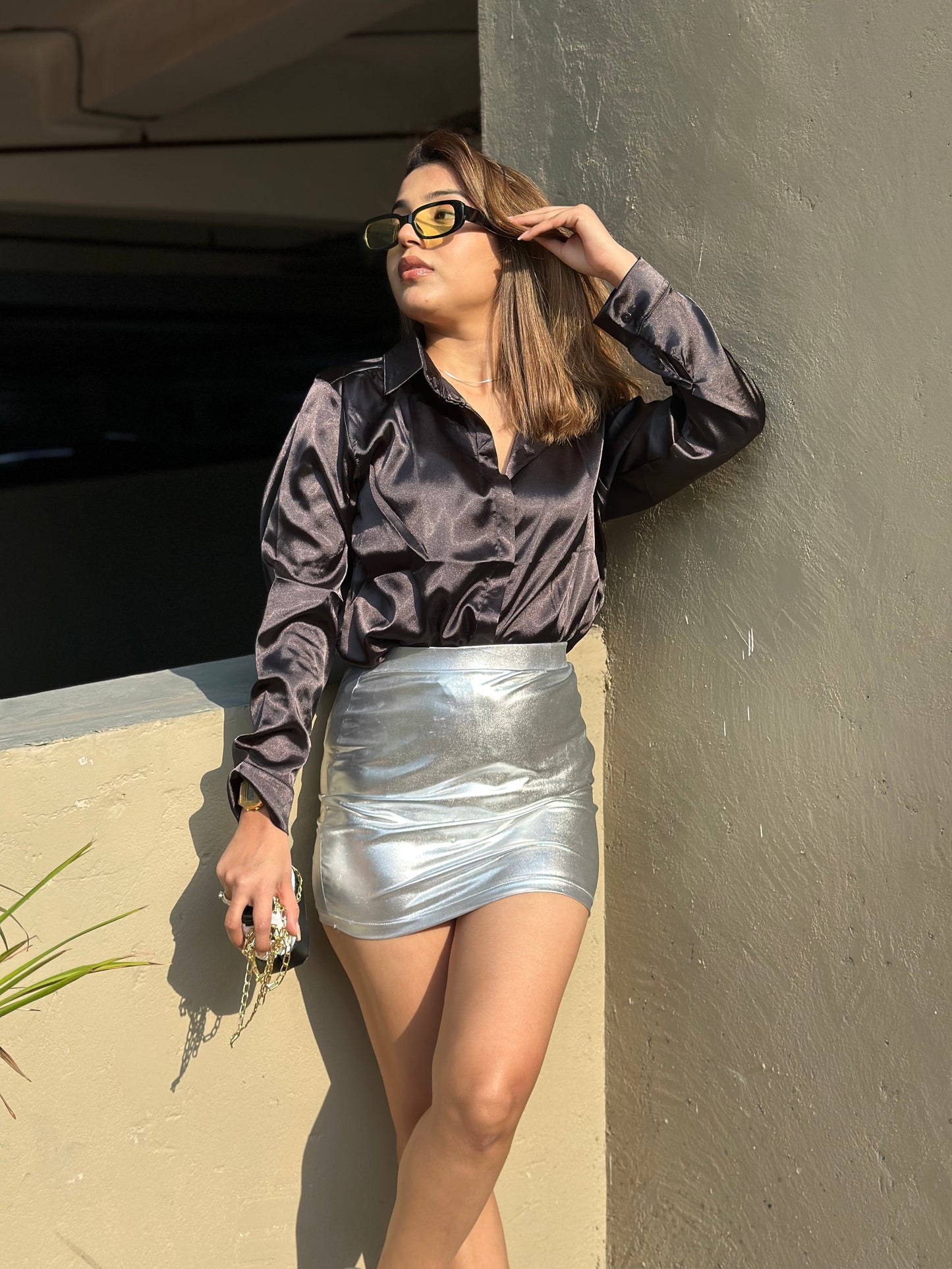 Satin Shirt With Silver Metallic Skirt