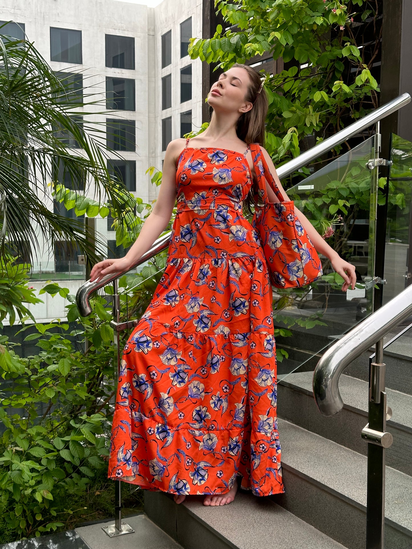 Orange Maxi Dress With Matching Bag