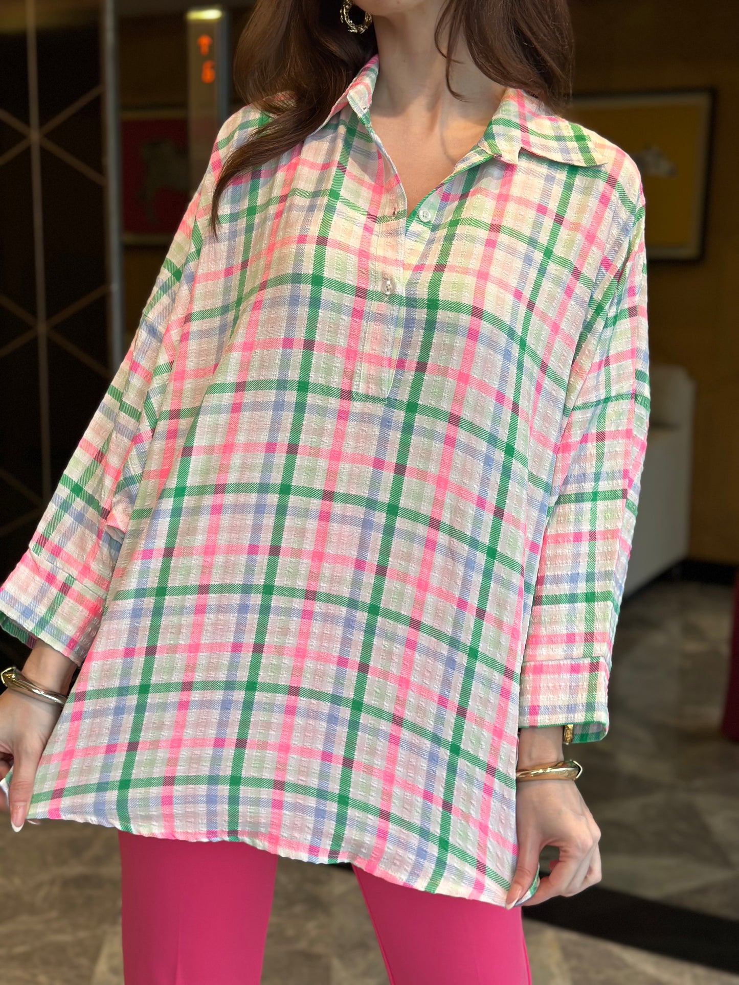 Neon Plaid Oversized Half Button Shirt