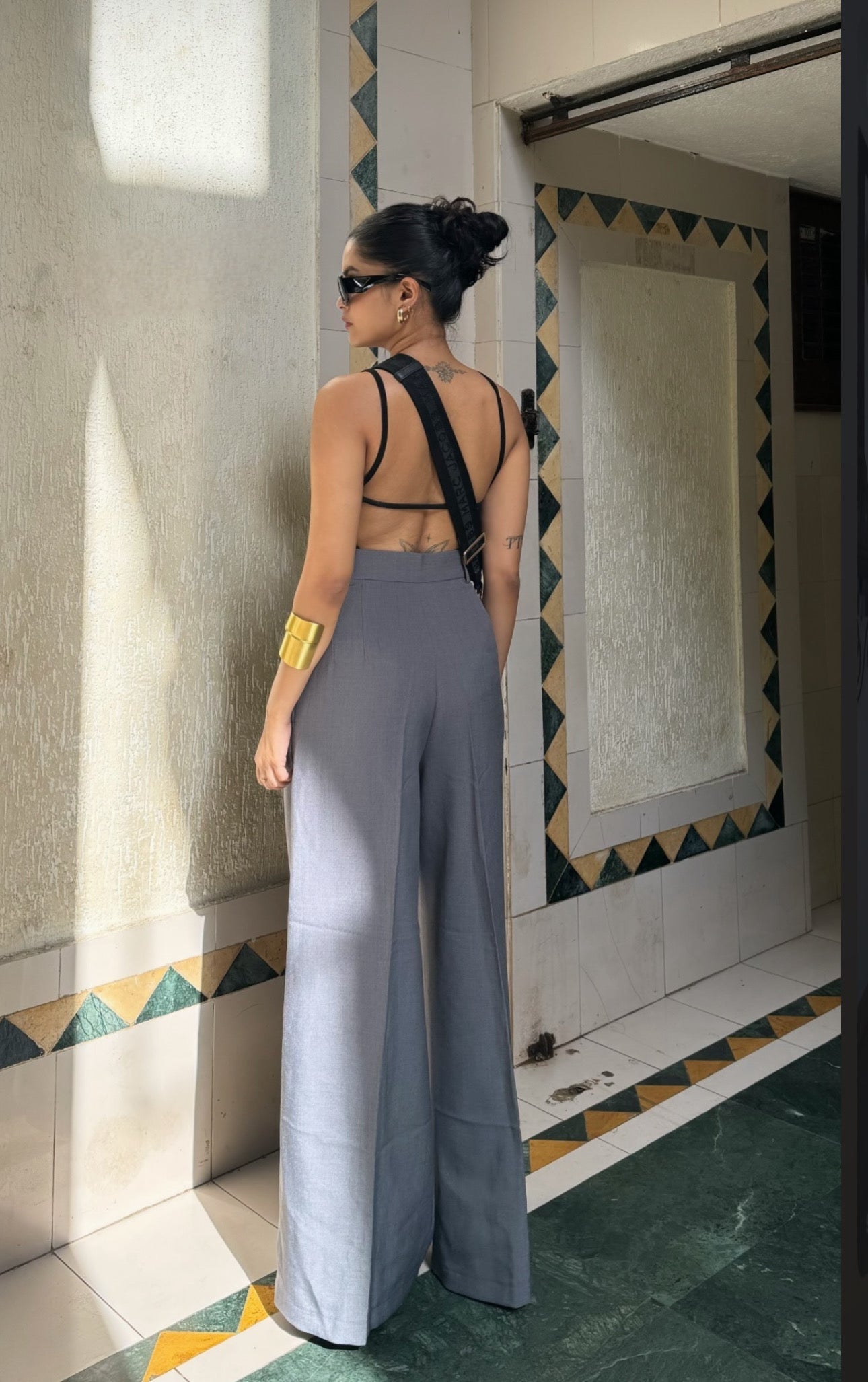 Dated Grey Baggy Pants With Back Show Bodysuit StyleAsh