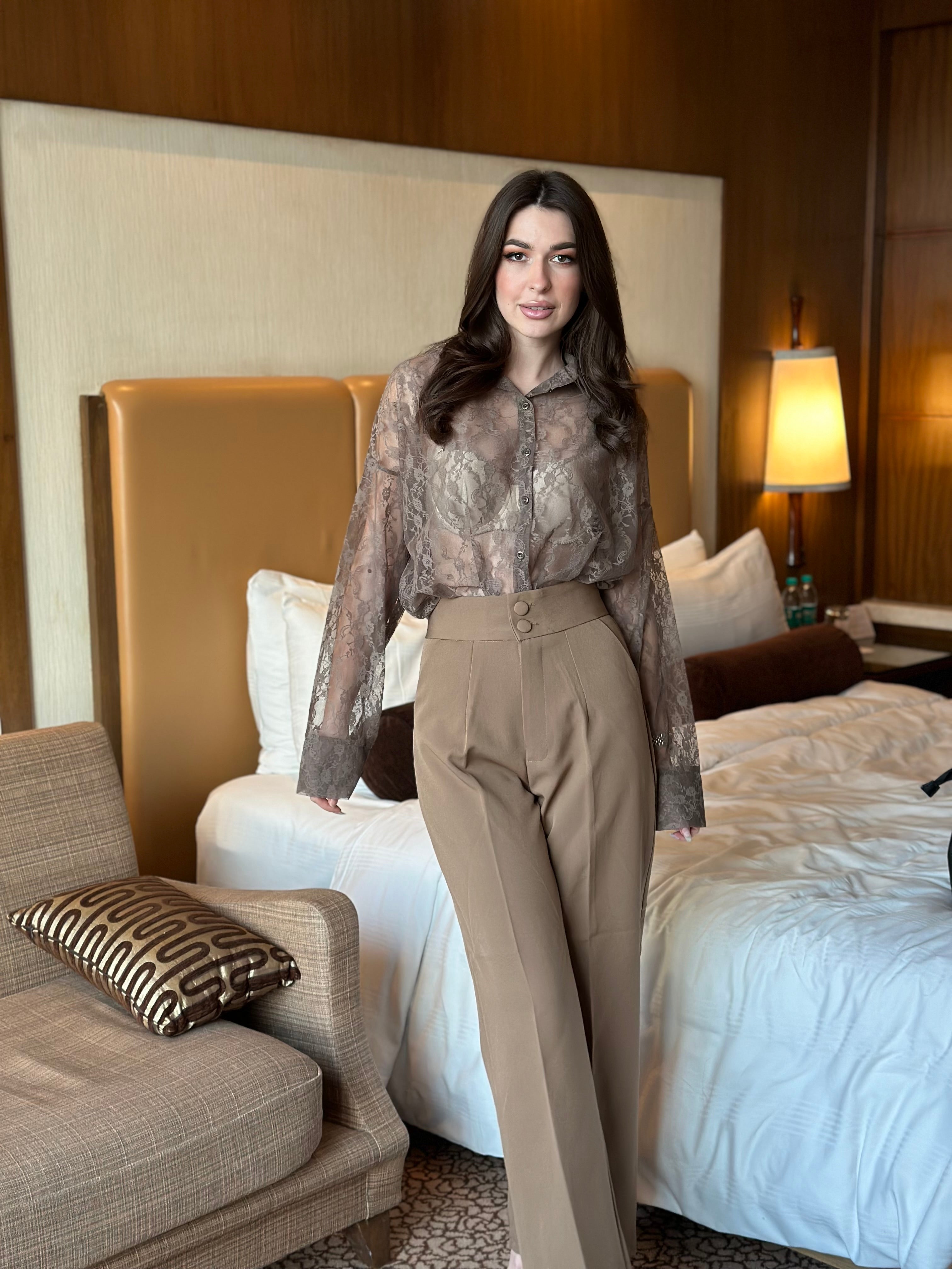 Lace See Through Shirt With Beige Pants – StyleAsh