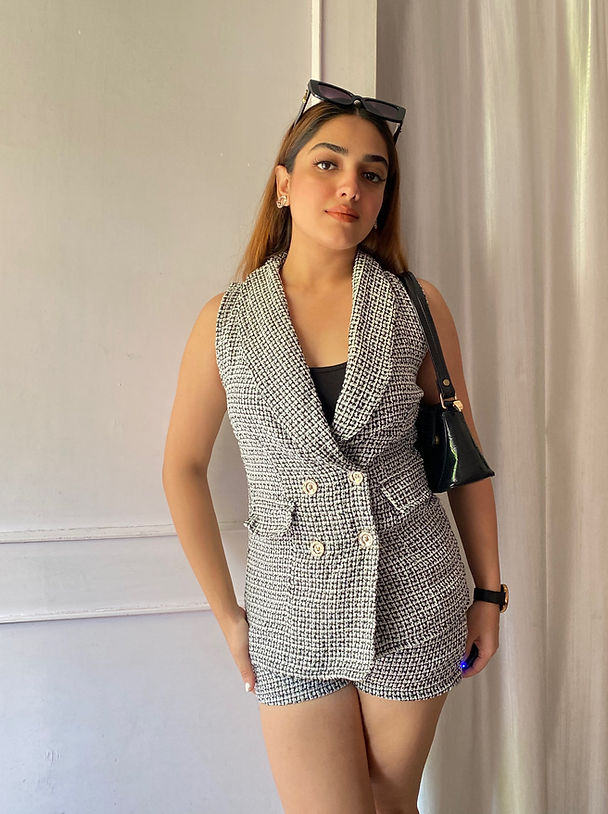 Tweed Sleeveless Double Breasted Blazer With Shorts