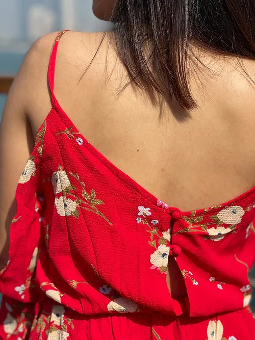 Red Floral Sleeve Slit Romper