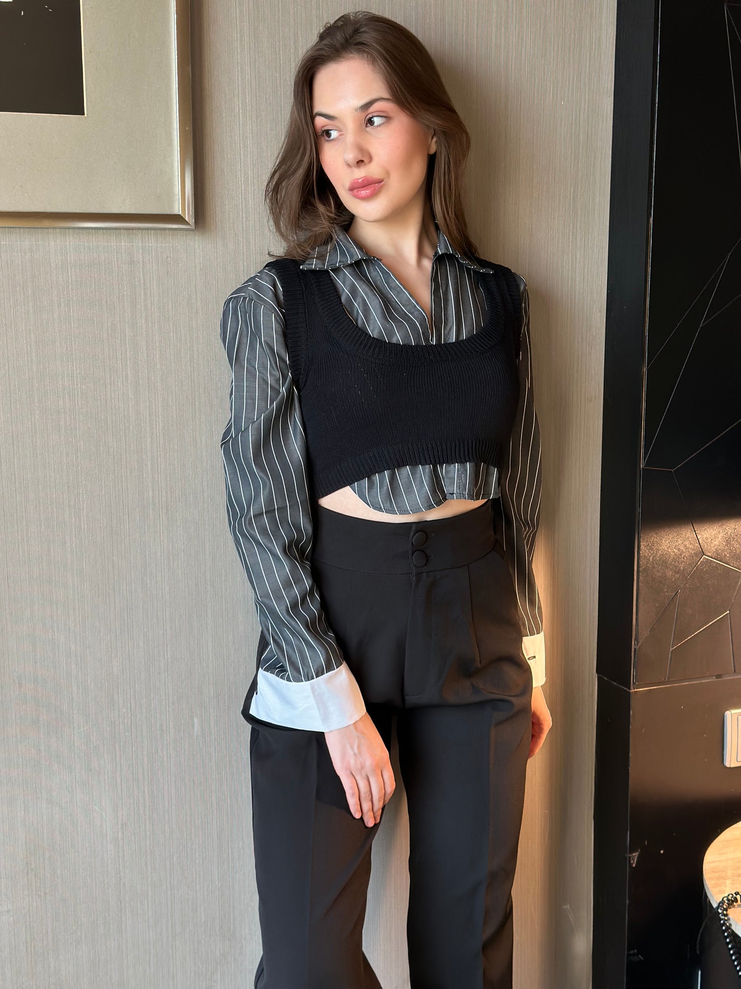 Clerical Cropped Shirt & Sweater Set