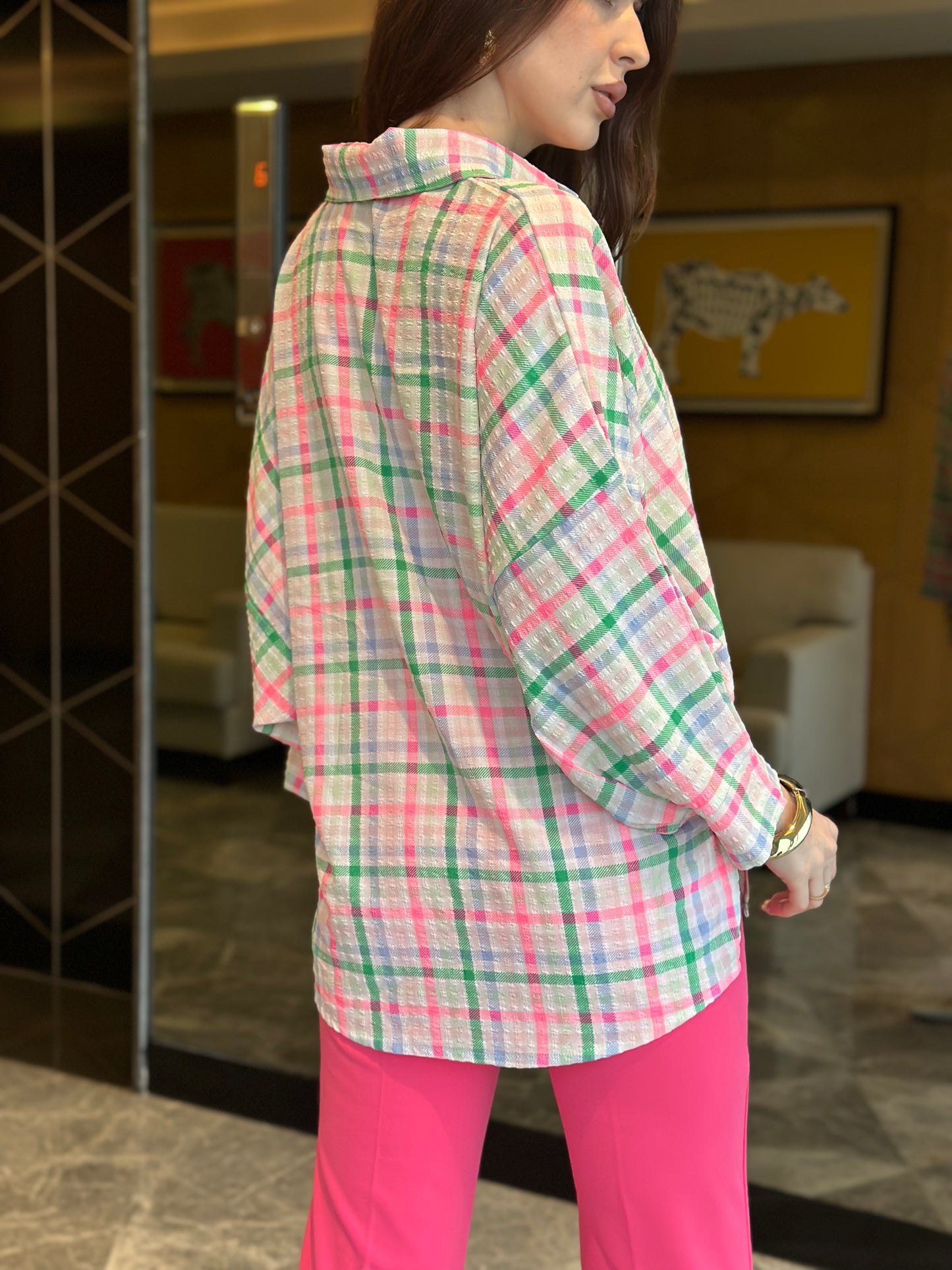 Neon Plaid Oversized Half Button Shirt