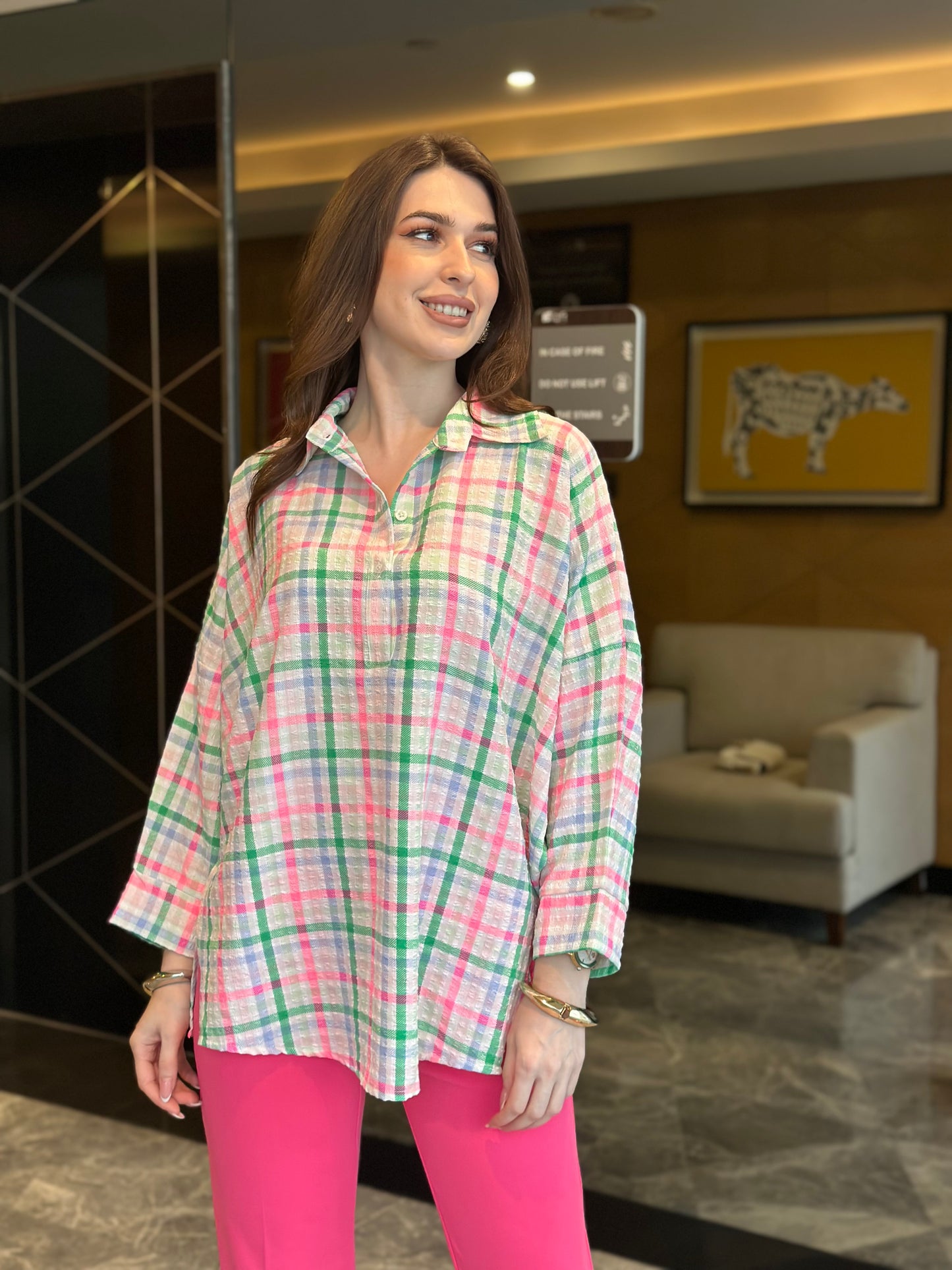 Neon Plaid Oversized Half Button Shirt