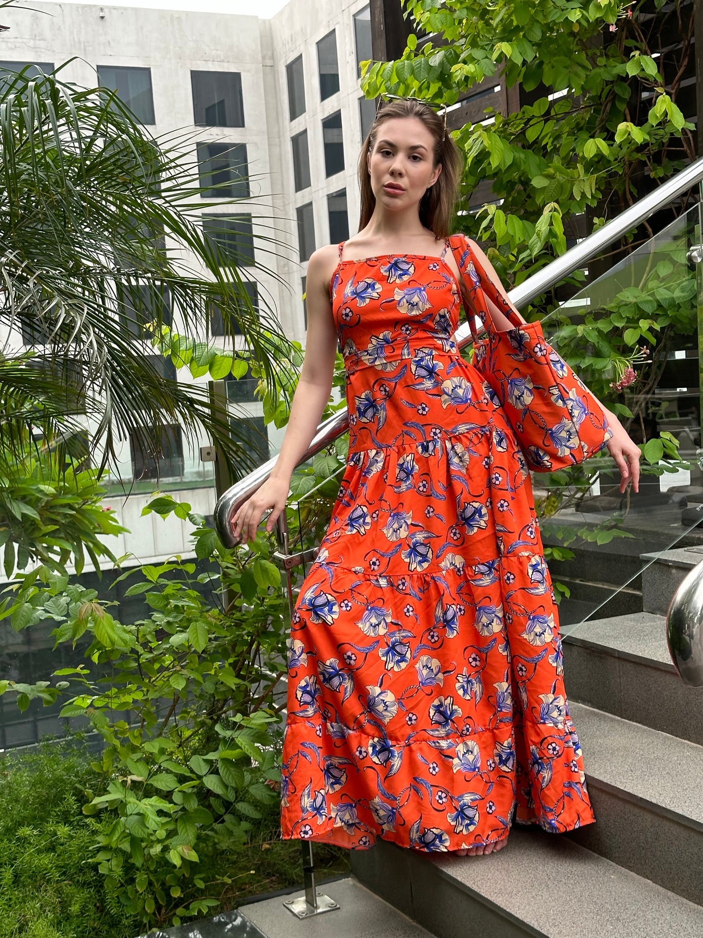 Orange Maxi Dress With Matching Bag