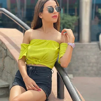 Satin Wrinkled Neon Off-Shoulder Top